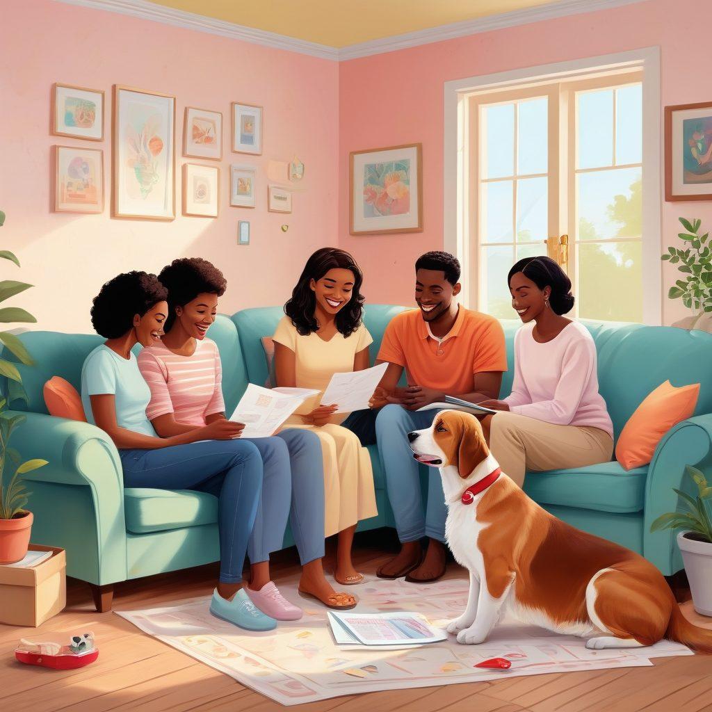 A warm and inviting scene depicting a diverse group of people sharing affectionate moments, surrounded by symbols of love and protection like heart shapes and insurance documents. Include elements such as a cozy home and a dog to emphasize cherished relationships. The atmosphere should feel comforting and secure, showcasing a blend of family and friendship. soft pastel colors. vector art. heartwarming.