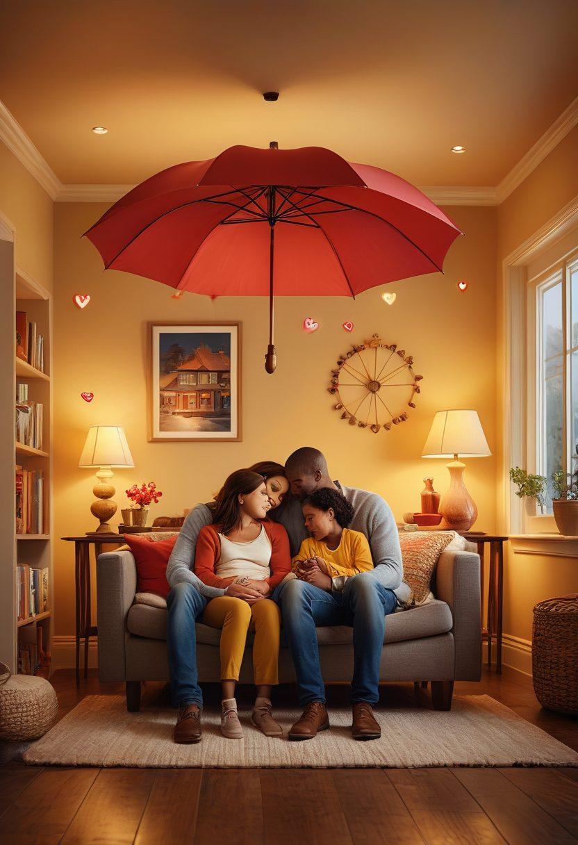 A warm and inviting scene depicting a diverse family huddled together, surrounded by symbols of love such as hearts and home icons. Background shows a comforting home environment with soft lighting and subtle insurance-related elements like a shield or umbrella. The image conveys warmth, security, and the importance of relationships in insurance. super-realistic. vibrant colors. cozy atmosphere.